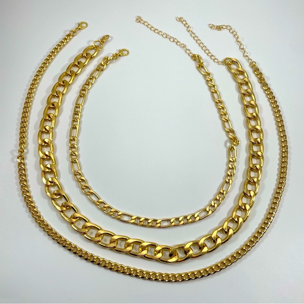Gold Tone 3 Piece Chain Necklace Trendy Layered Streetwear Fashion Boho Classic